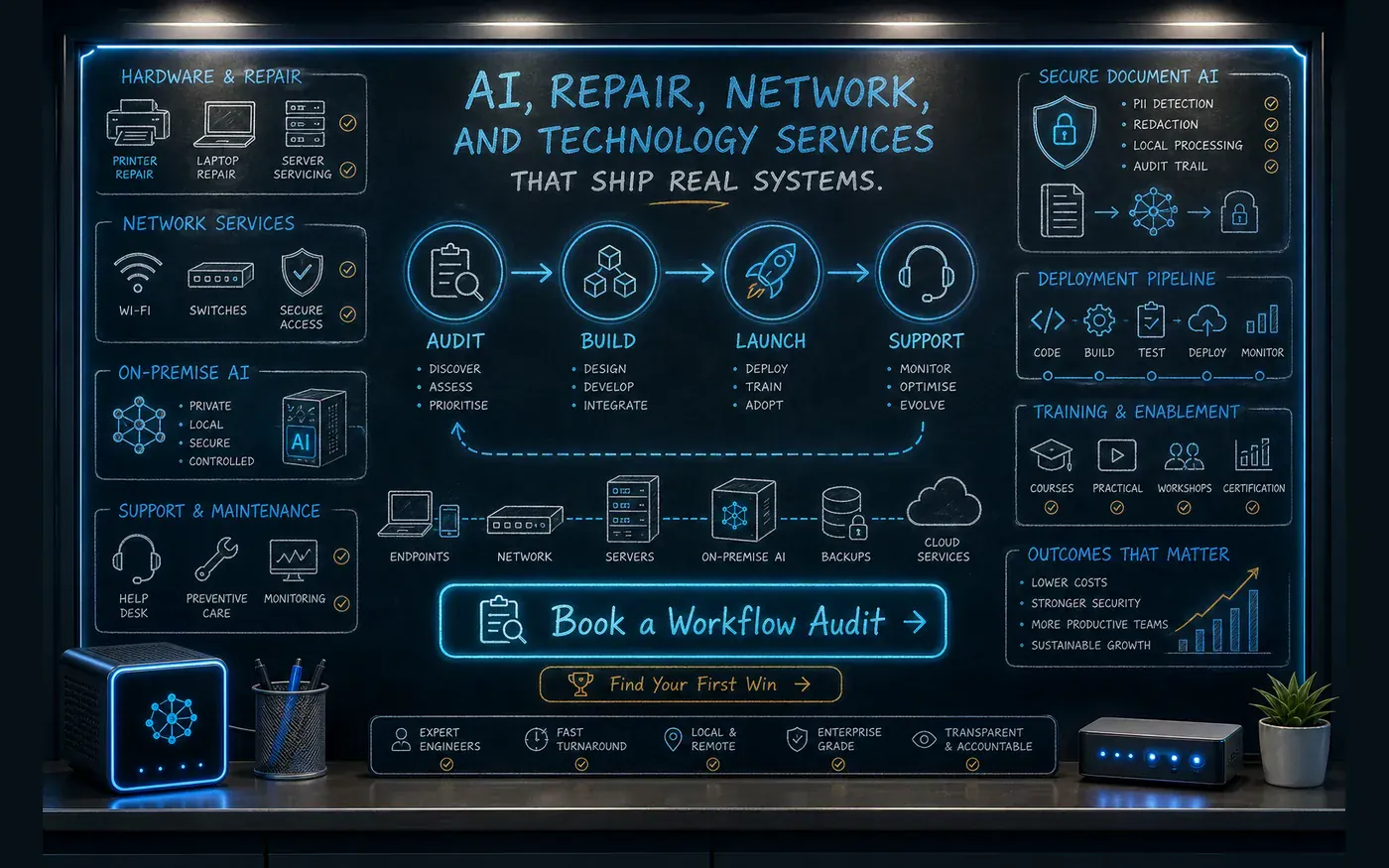 AI Kick Start chalkboard call to action showing automation, repair, network, secure AI, deployment, and training pathways