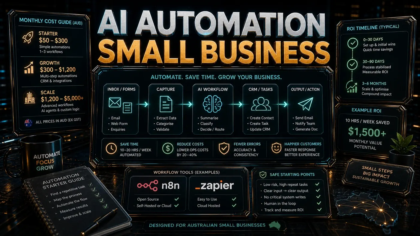 Australian small business AI automation planning with cost controls, an ROI timeline, and a safe first workflow