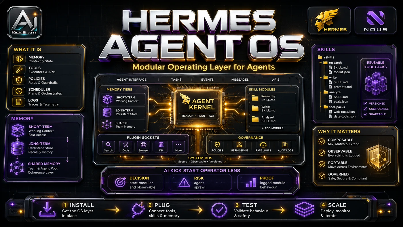 AI Kick Start editorial image for Hermes AgentOS: A Build-Your-Own Multi-Agent Crew That Puts Control Before Hype.