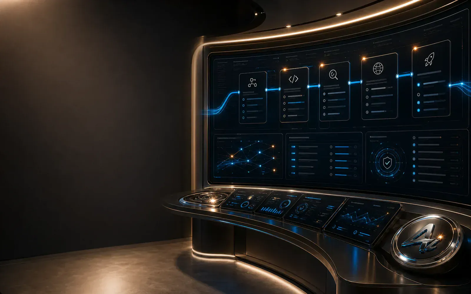 Agent systems command centre with connected orchestration panels, governed workflow nodes, and chrome signal accents