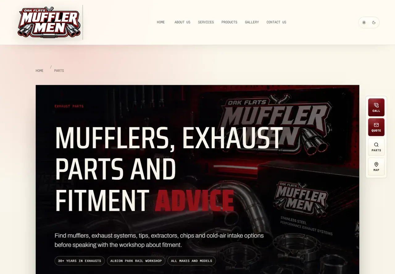 Mufflermen parts catalogue showing exhaust parts search and product category crawl index