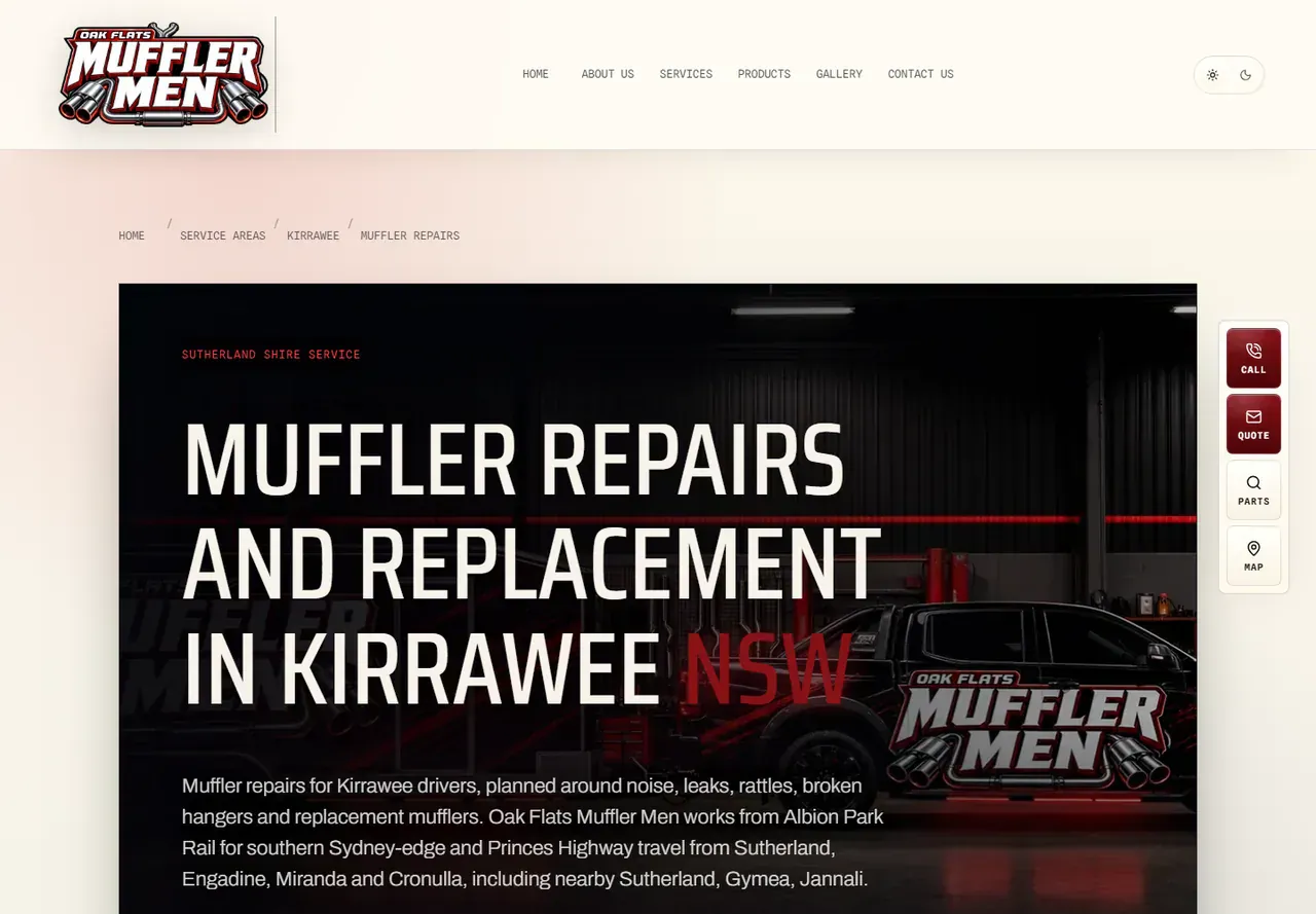Mufflermen service-by-suburb page for muffler repairs in Kirrawee NSW