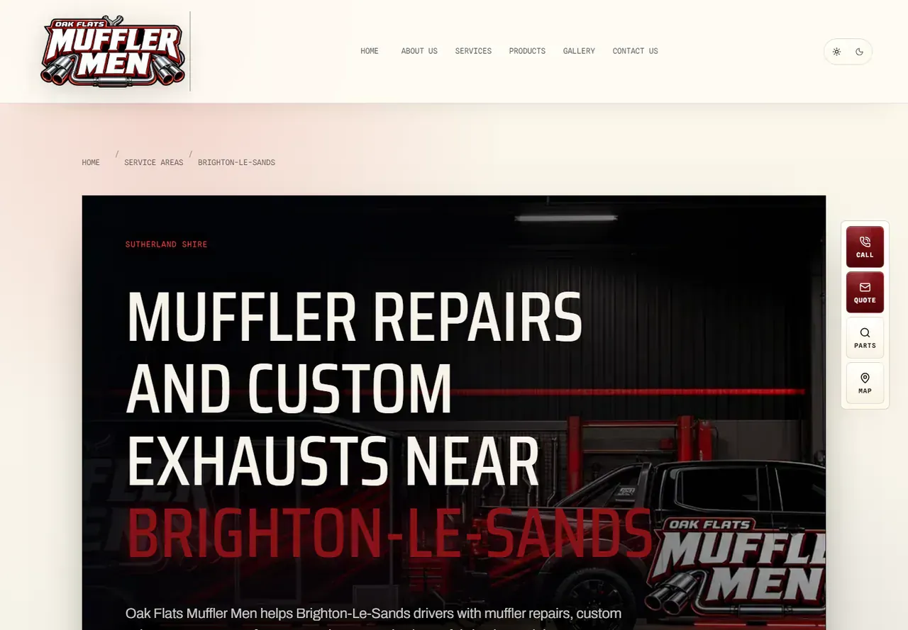 Mufflermen suburb page for Brighton-Le-Sands showing local muffler repairs and custom exhaust services