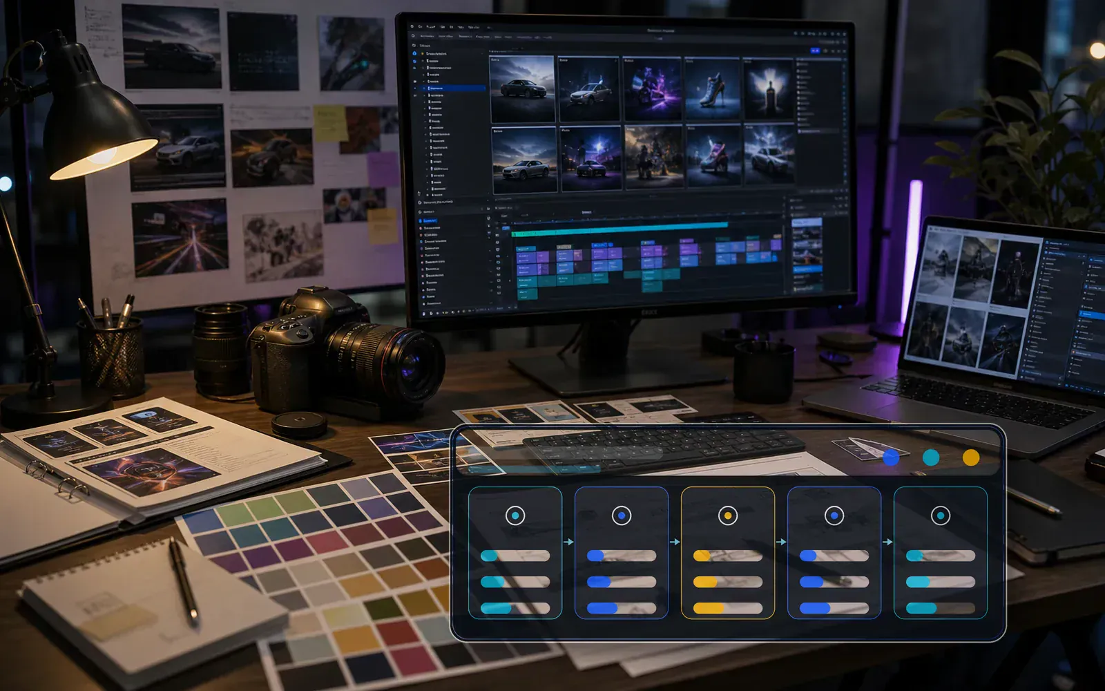 Premium animated website design board with brand system, motion design, and graphic design panels