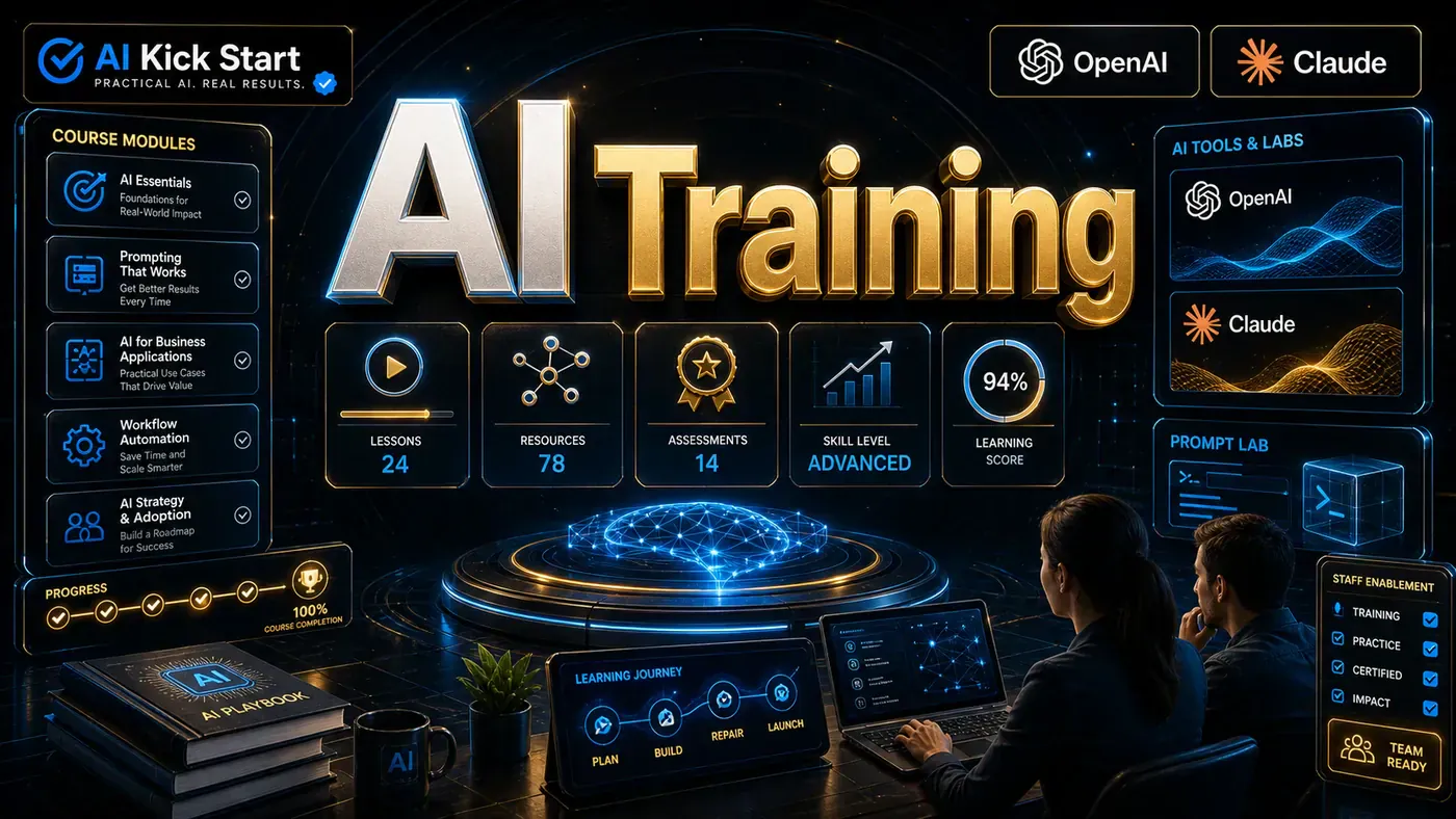 Premium service card showing AI training modules, workshop controls, tool badges, and staff enablement checkpoints