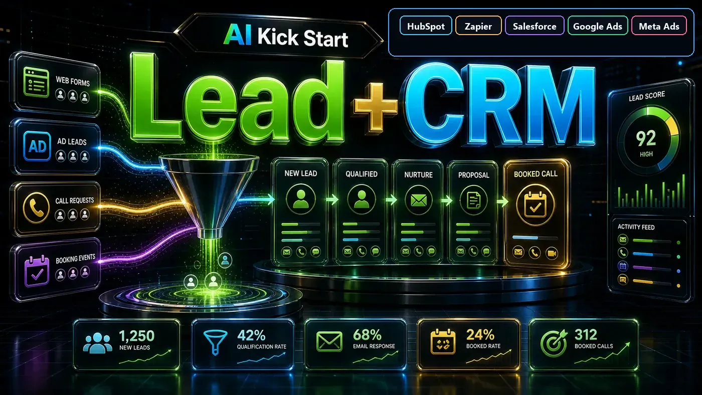 Premium service card showing lead generation, CRM software, growth analytics, and automation handoff controls