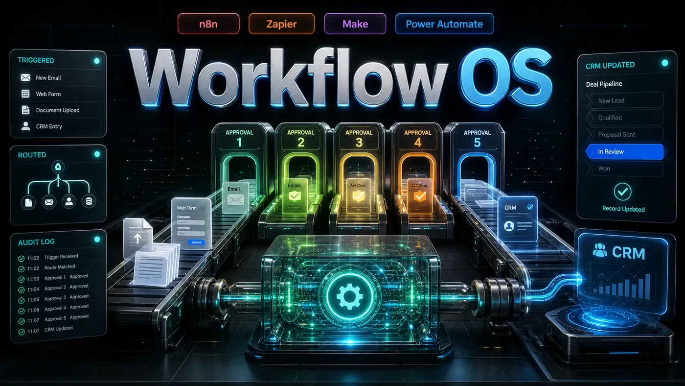 Premium service card showing a workflow automation factory, approval gates, tool badges, and CRM handoff controls
