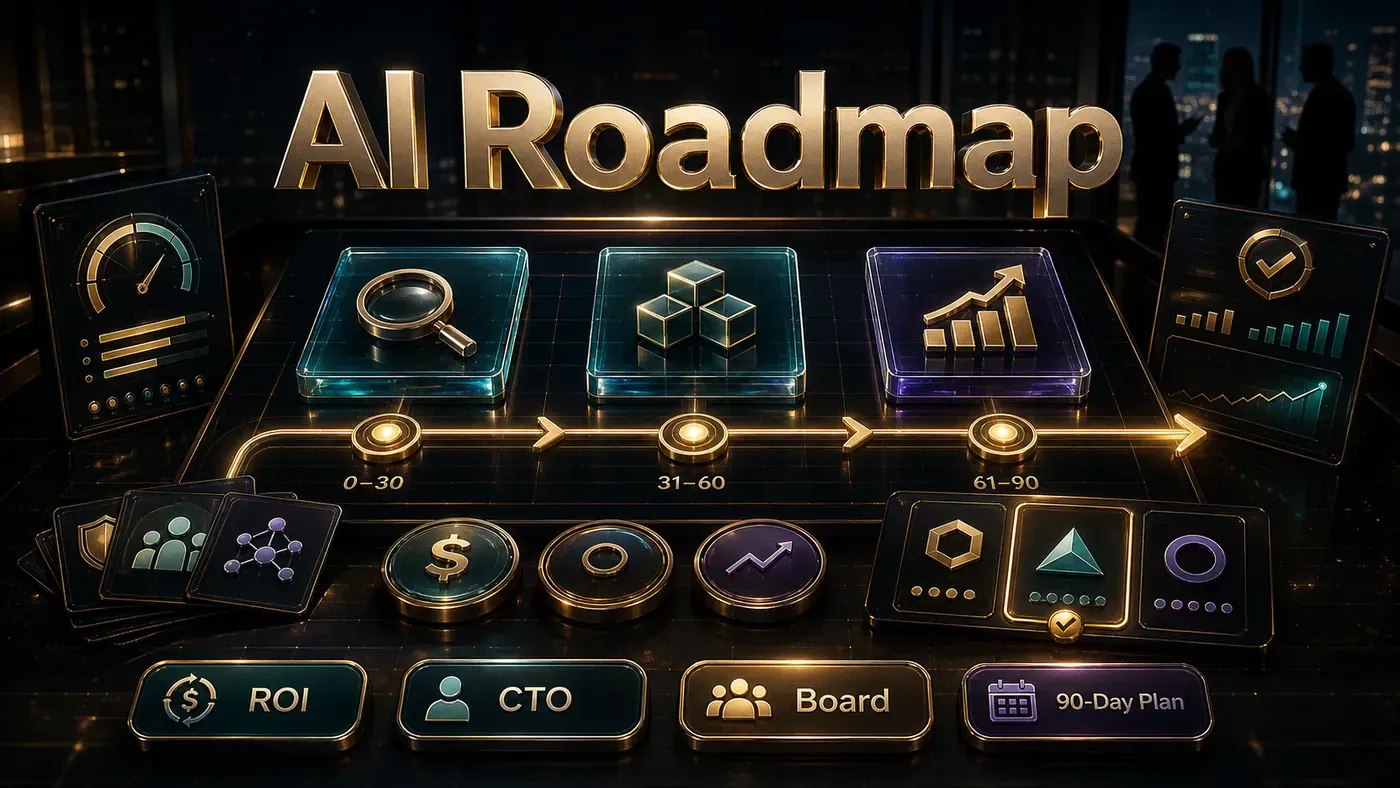 Premium service card showing an executive AI roadmap table with ROI, CTO, board, and 90-day plan controls