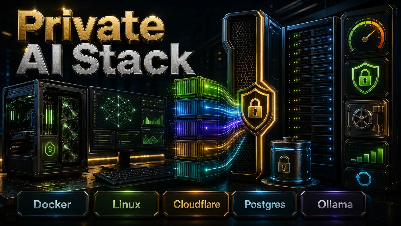 Premium service card showing a private AI stack with VPS deployment, containers, SSL, backups, monitoring, and on-prem hardware