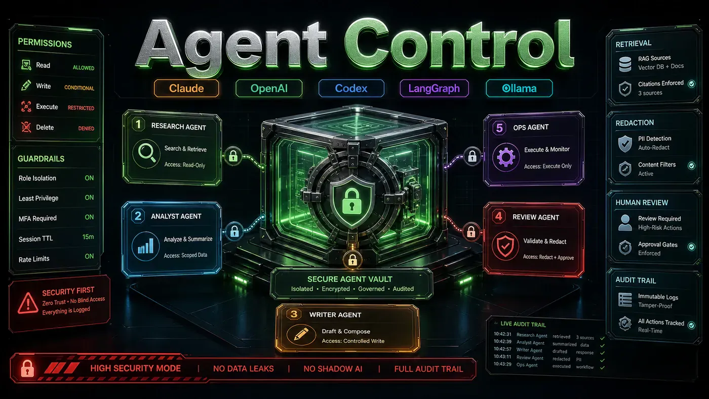 Premium service card showing a secure agent control vault, role cards, permission locks, retrieval, redaction, and audit panels