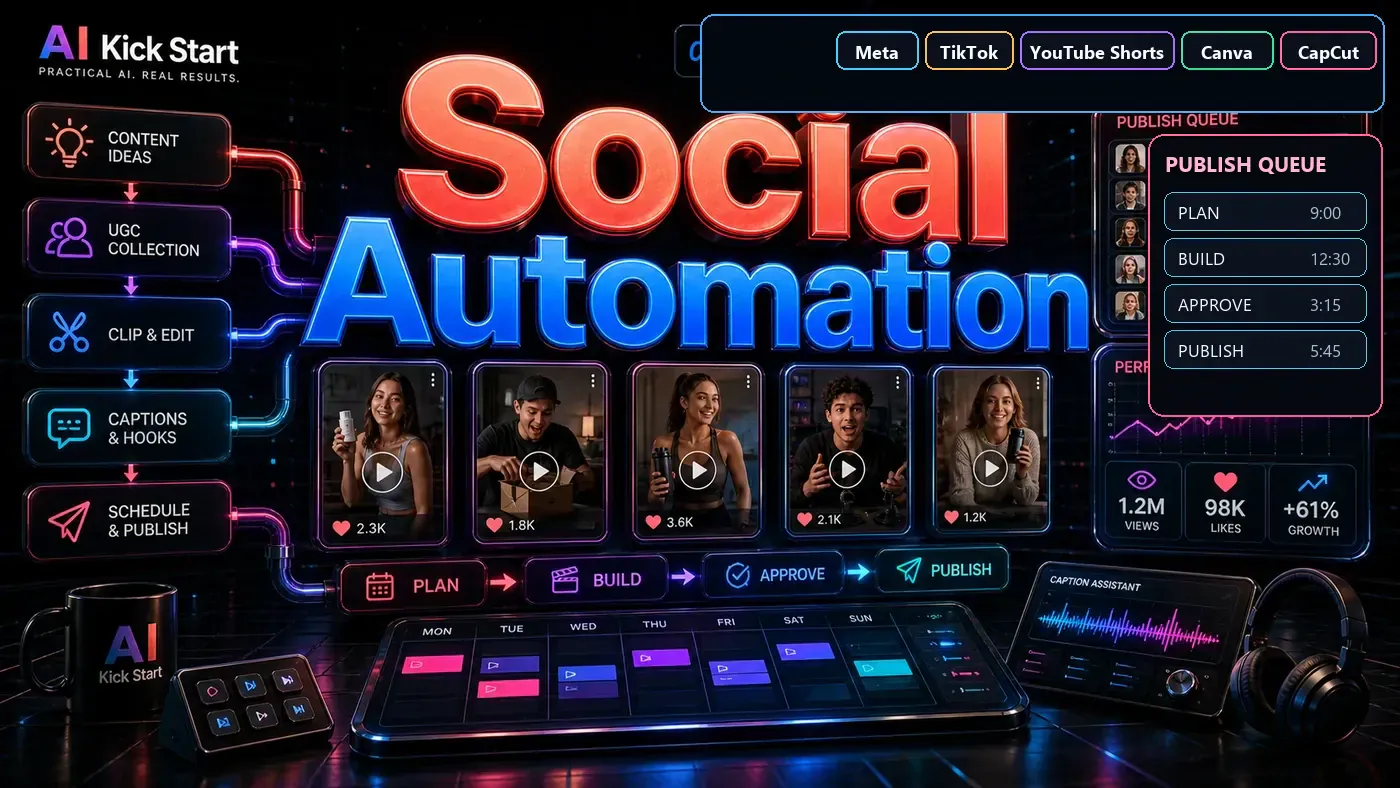 Premium service card showing social automation, UGC content workflows, publishing checks, and approval flow