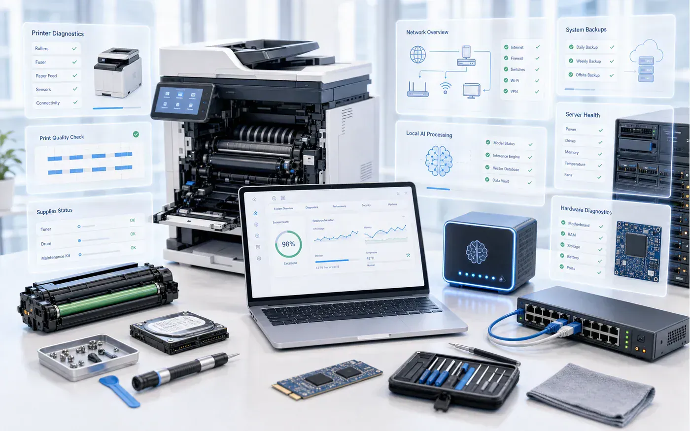 Light service visual showing printer repair, laptop diagnostics, server servicing, network support, and local AI connected as one system